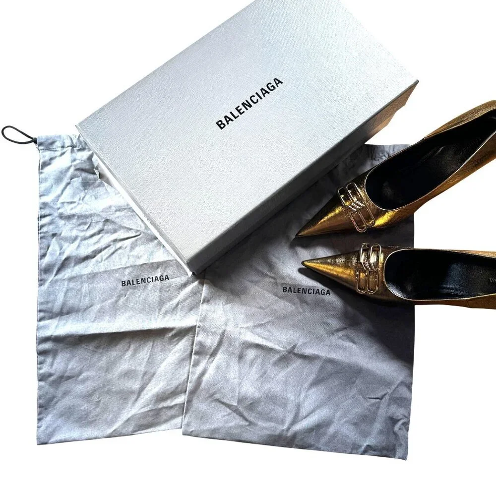 Balenciaga Square Knife Pump Gold Pointed Toe Heels Size 37 - Picture 5 of 13